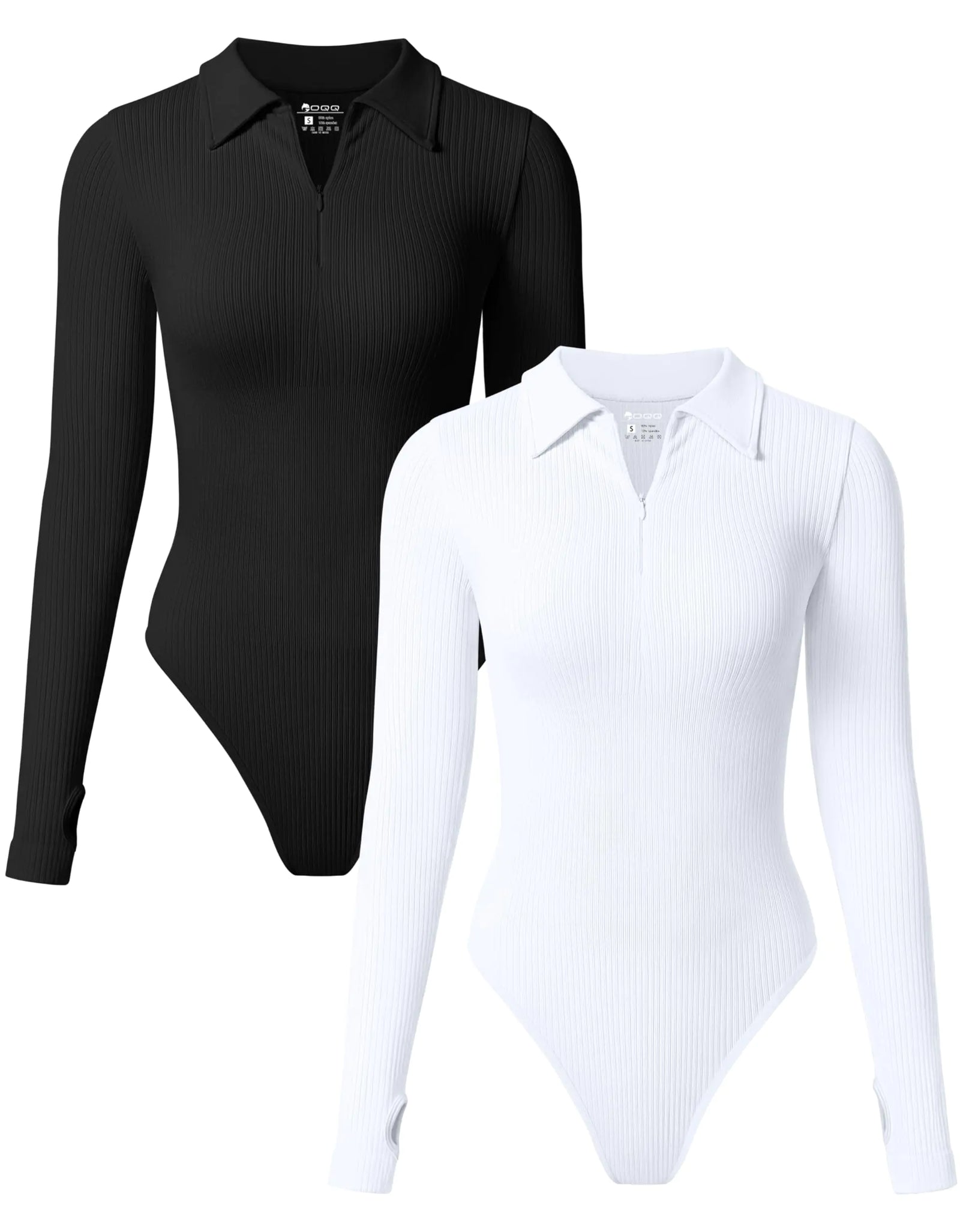 OQQ Womens 2 Piece Bodysuits Long Sleeve Zipper Polo Shirts Casual Stretch Fitted Bodysuits Black White