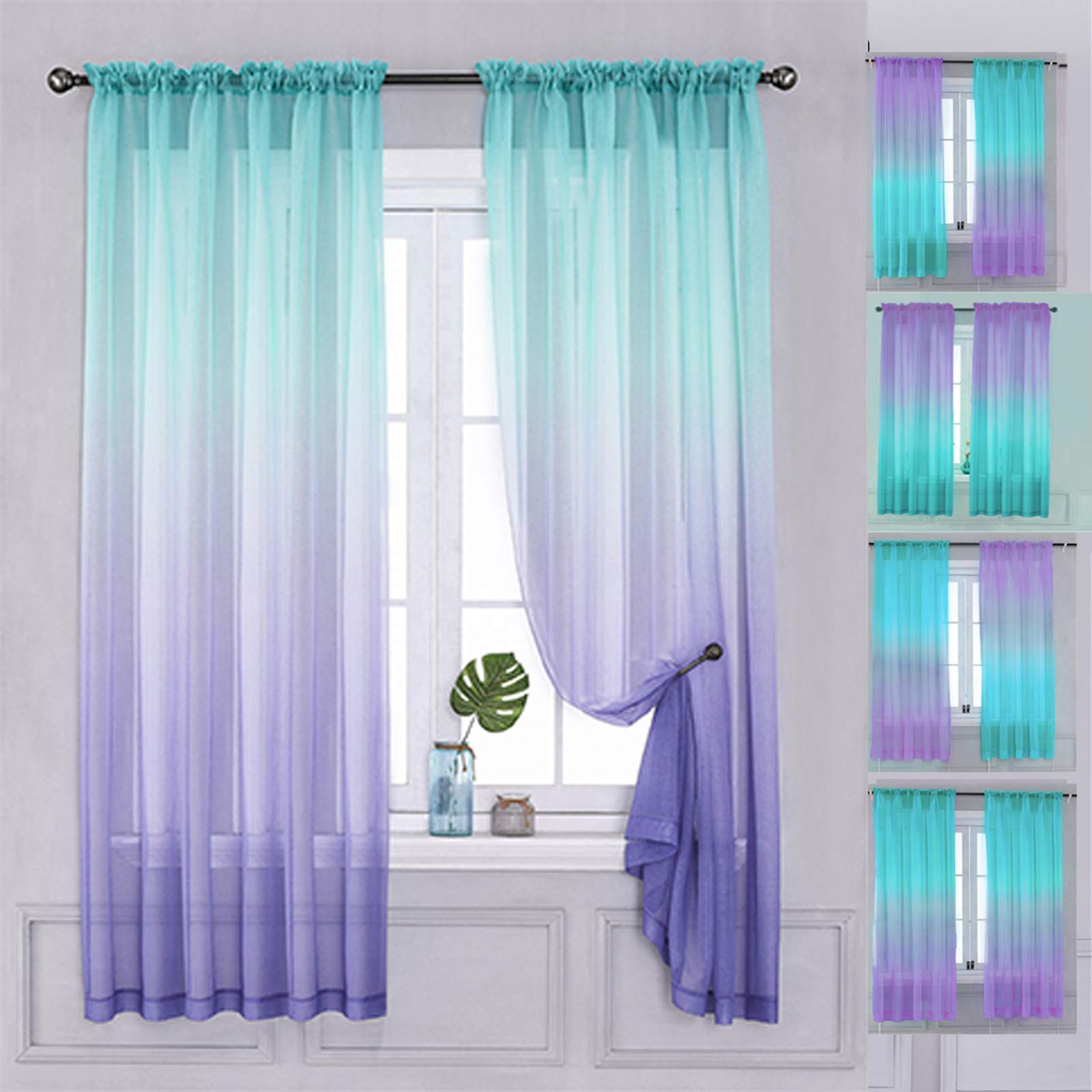 Yancorp 2 Panel Sets Semi Bedroom Curtains 63 inch Length Sheer Rod Pocket Curtain Linen Teal Turquoise Purple Ombre Girls Living Room Mermaid Bedroom Nursery Kids Decor (Turquoise Purple 52"x63")