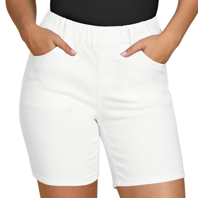 luvamia Stretchy Jean Shorts for Women Denim Pull On Shorts Women Mid Rise Elastic Waist Jorts Cream White Jean Shorts Women White Shorts Womens White Denim Shorts Size X-Large Fits Size 16 Size 18