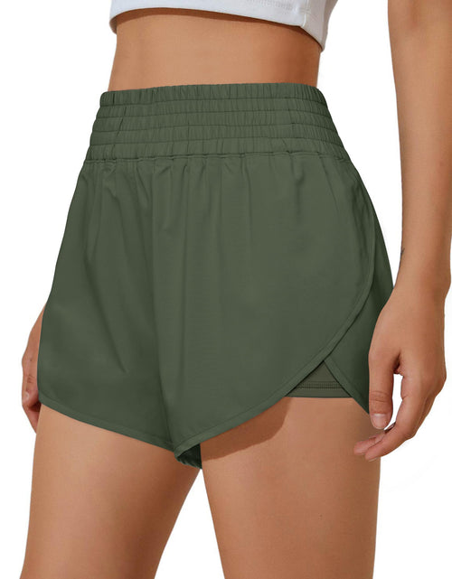 Load image into Gallery viewer, BMJL Womens Running Shorts High Waisted Side Pocket Athletic Shorts High Side Slit 2 in 1 Gym Shorts(Army GreenM)
