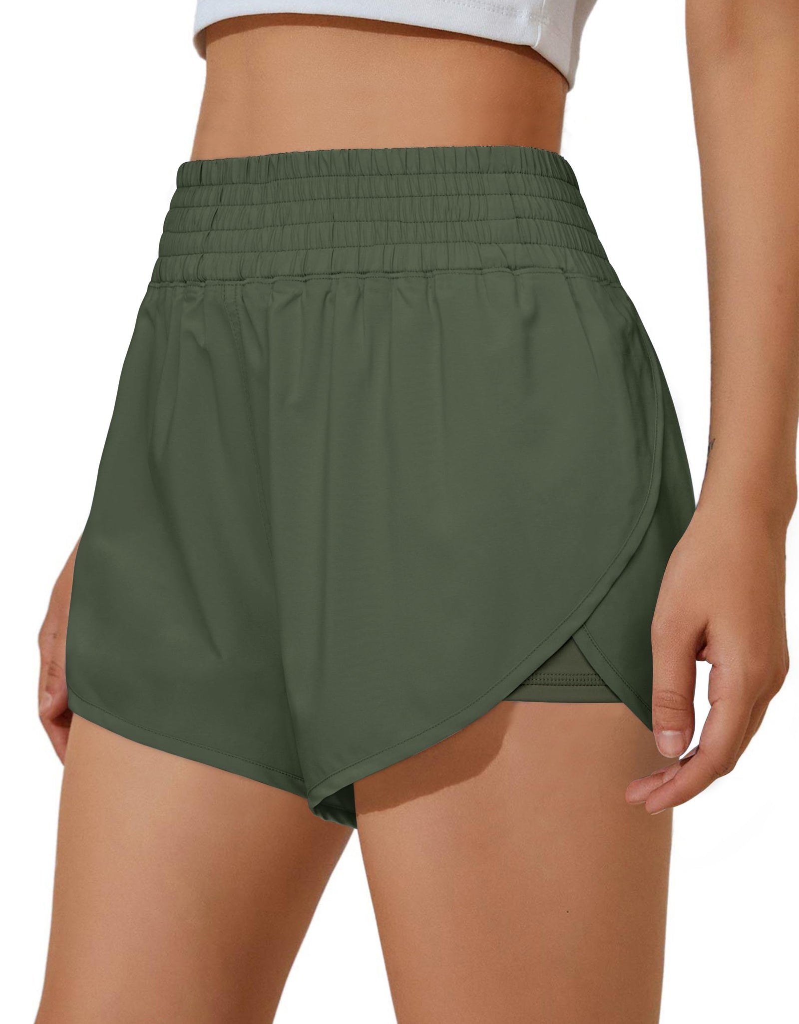 BMJL Womens Running Shorts High Waisted Side Pocket Athletic Shorts High Side Slit 2 in 1 Gym Shorts(Army GreenM)