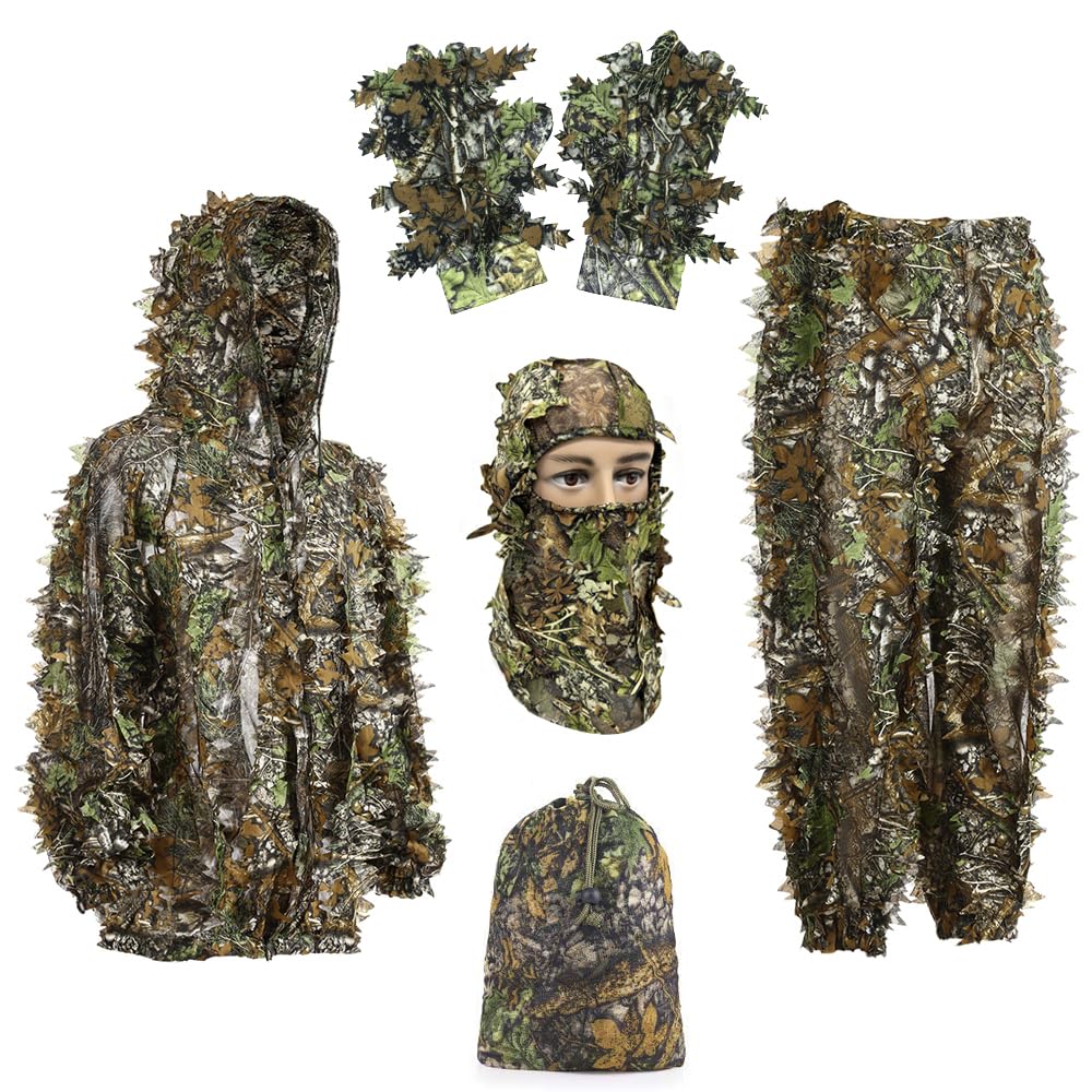 Ghillie Suit Gilly Hunting Suits Pants 3D Leaf Camo Leafy Hat Gloves
