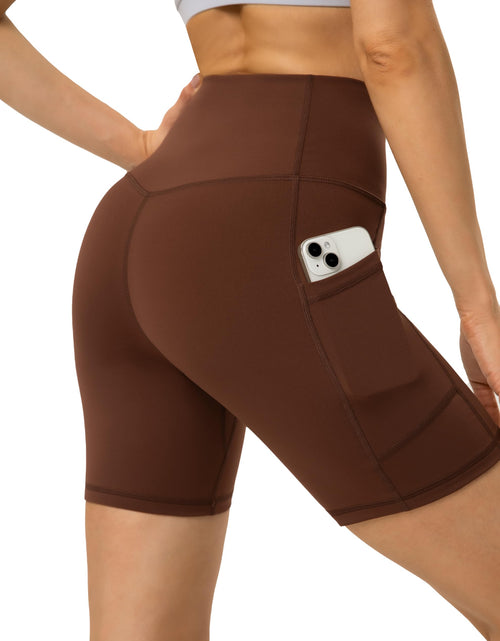Load image into Gallery viewer, YUNOGA Womens High Waist Yoga Shorts 6" Inseam Biker Shorts Workout Spandex Shorts with Pockets (XS Brown Stone)
