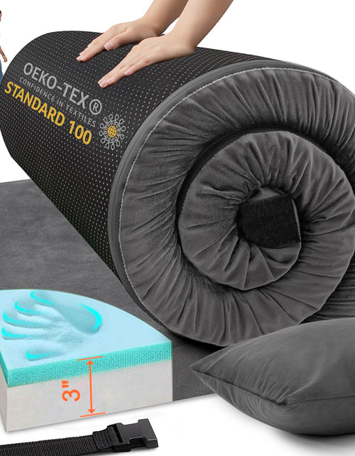 Load image into Gallery viewer, Airpanda Memory Foam Camping Mattress Sleeping Pad 3" Thick Waterproof Portable Roll Up Sleeping Mats &amp; Floor Mattress Pad with Pillow + Travel Bag for Camping Car Truck Tent Sleepover Kids Adult
