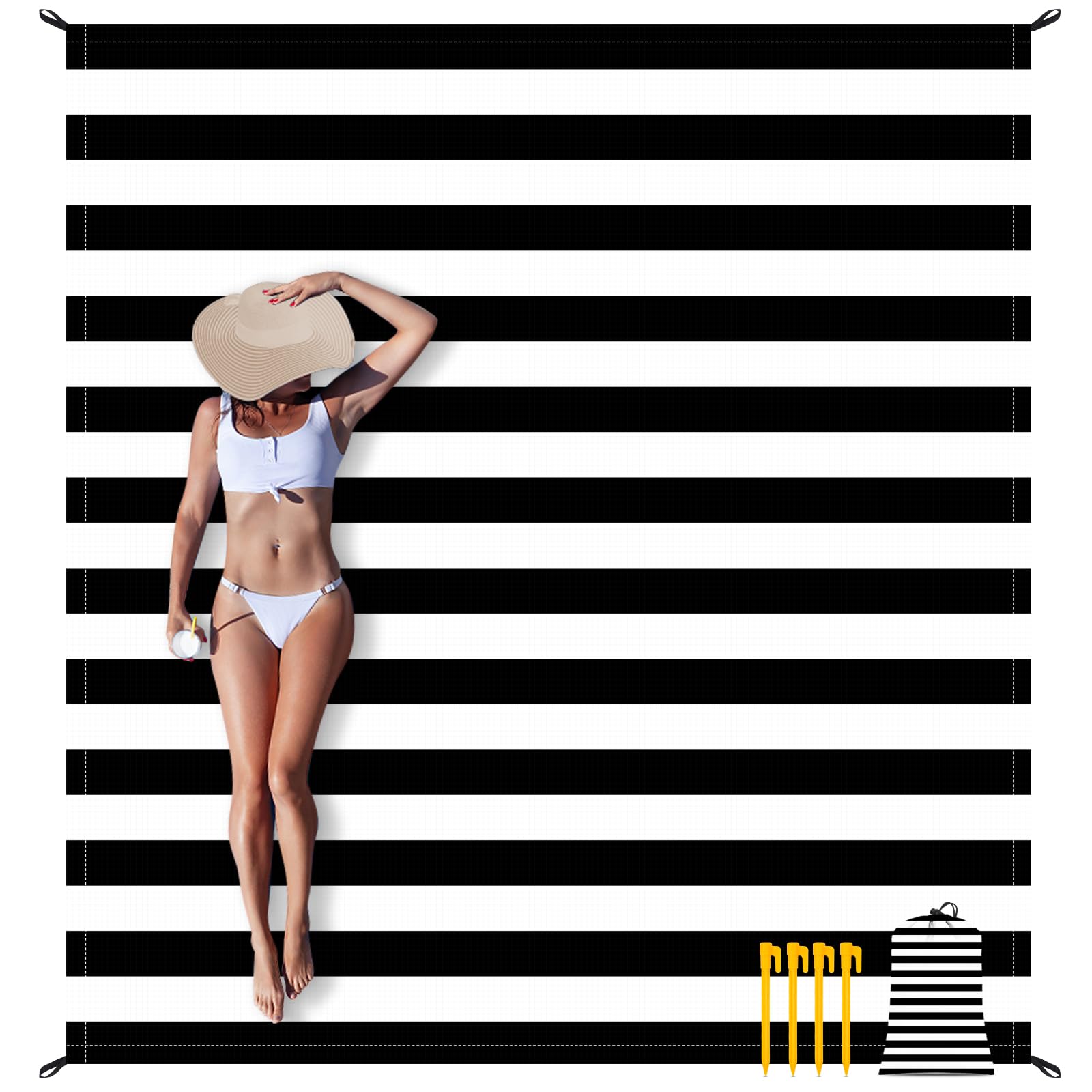 Waterproof Sandproof Beach Blanket 78×86 Large Outdoor Picnic Blanket for 4 Adults Compact Beach Mat Sand Free for Travel Camping Beach Accessories Essentials for Vacation-Black & White Stripe
