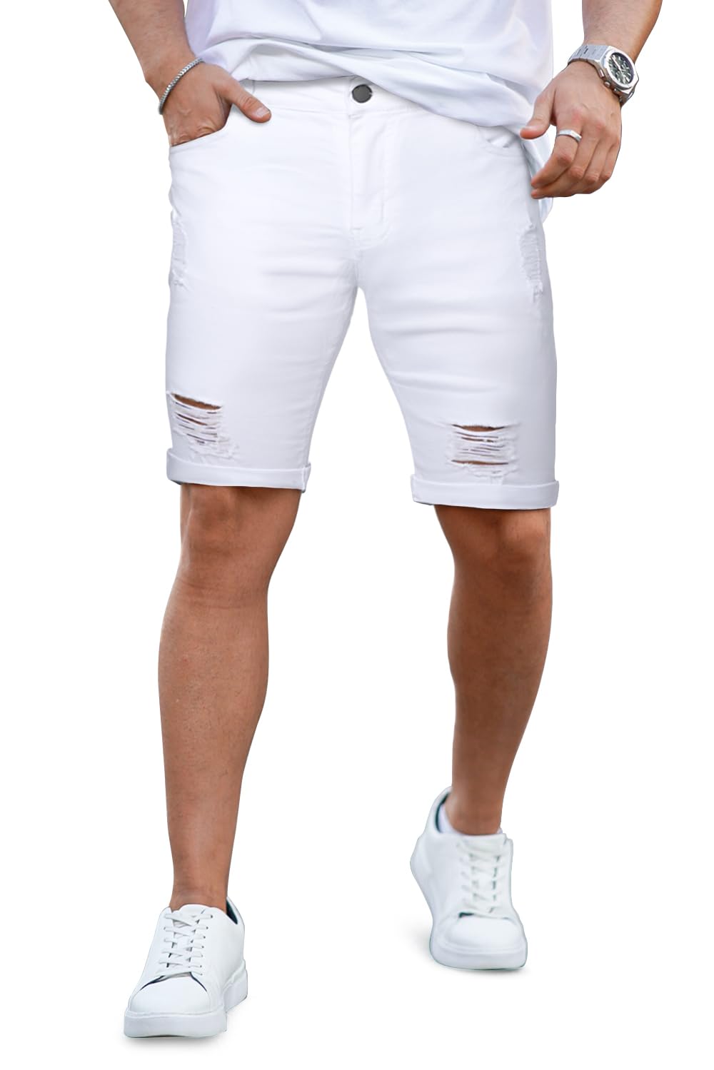 GINGTTO Mens White Shorts Casual Denim Ripped Jean Shorts Men Slim Fit Summer 28