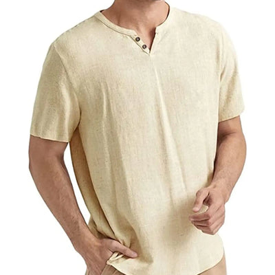 Angbater Casual Mens Linen Henley Shirt Short Sleeve Hippie Beach T Shirts Summer Lightweight Tropical Tee Khaki