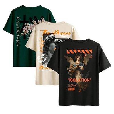 GORGLITTER Mens 3 Pack Graphic Tee Shirt Short Sleeve Crew Neck Casual T-Shirts Beige Black Green Small