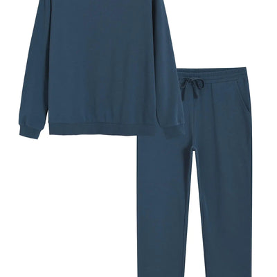 Weintee Womens Cotton Sweatsuits 2 Piece Set Sweatpants and Sweatshirt Straight Leg Jogging Suits M Dark Steel Blue