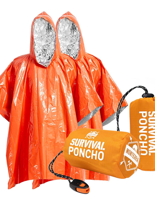 Cargar imagen en el visor de la galería, Poncho de Supervivencia de Emergencia Monterra. 2 Ponchos de Lluvia de Mylar Térmico Tipo Manta Espacial. Accesorios de Camping, Equipo de Supervivencia al Aire Libre y EDC. (Naranja)
