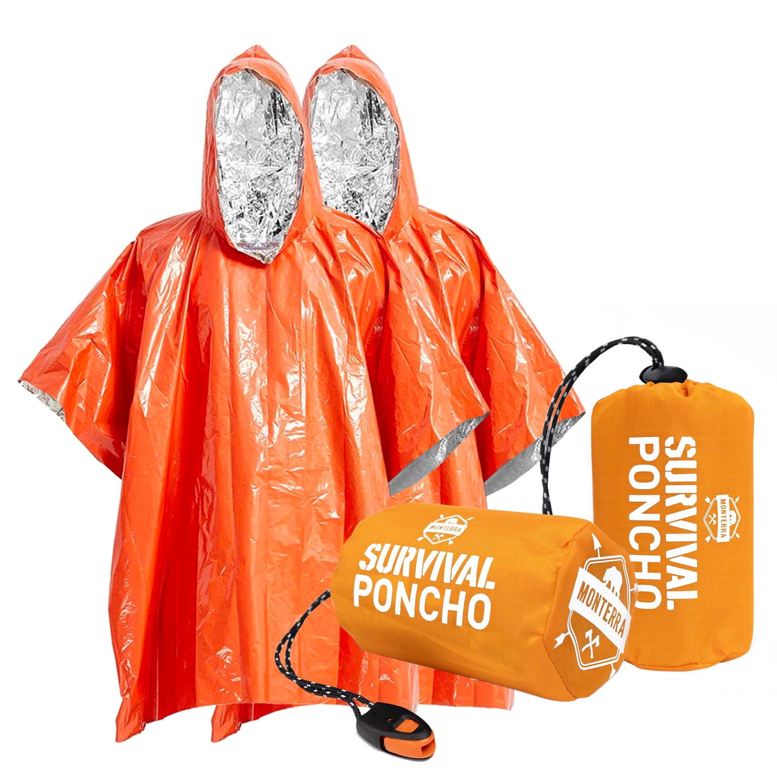 Poncho de Supervivencia de Emergencia Monterra. 2 Ponchos de Lluvia de Mylar Térmico Tipo Manta Espacial. Accesorios de Camping, Equipo de Supervivencia al Aire Libre y EDC. (Naranja)