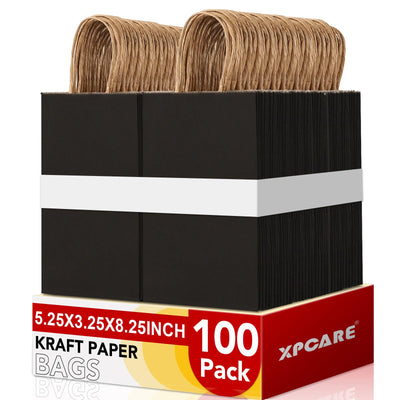 XPCARE 100Pcs Paper Gift Bags 5.25x3.25x8.25 Small Paper Bags with Handles Bulk Kraft Paper Bags for Birthday Party Favors Shopping Retail Black