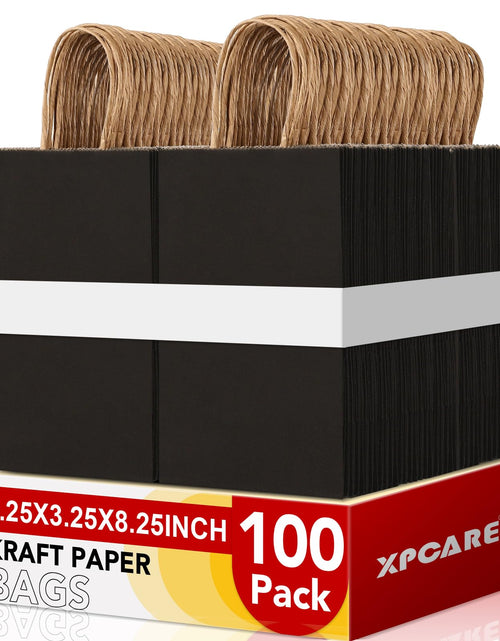 Cargar imagen en el visor de la galería, XPCARE 100 bolsas de papel de regalo de 5.25x3.25x8.25, bolsas de papel pequeñas con asas, bolsas de papel kraft a granel para regalos de fiesta de cumpleaños, compras al por menor, color negro
