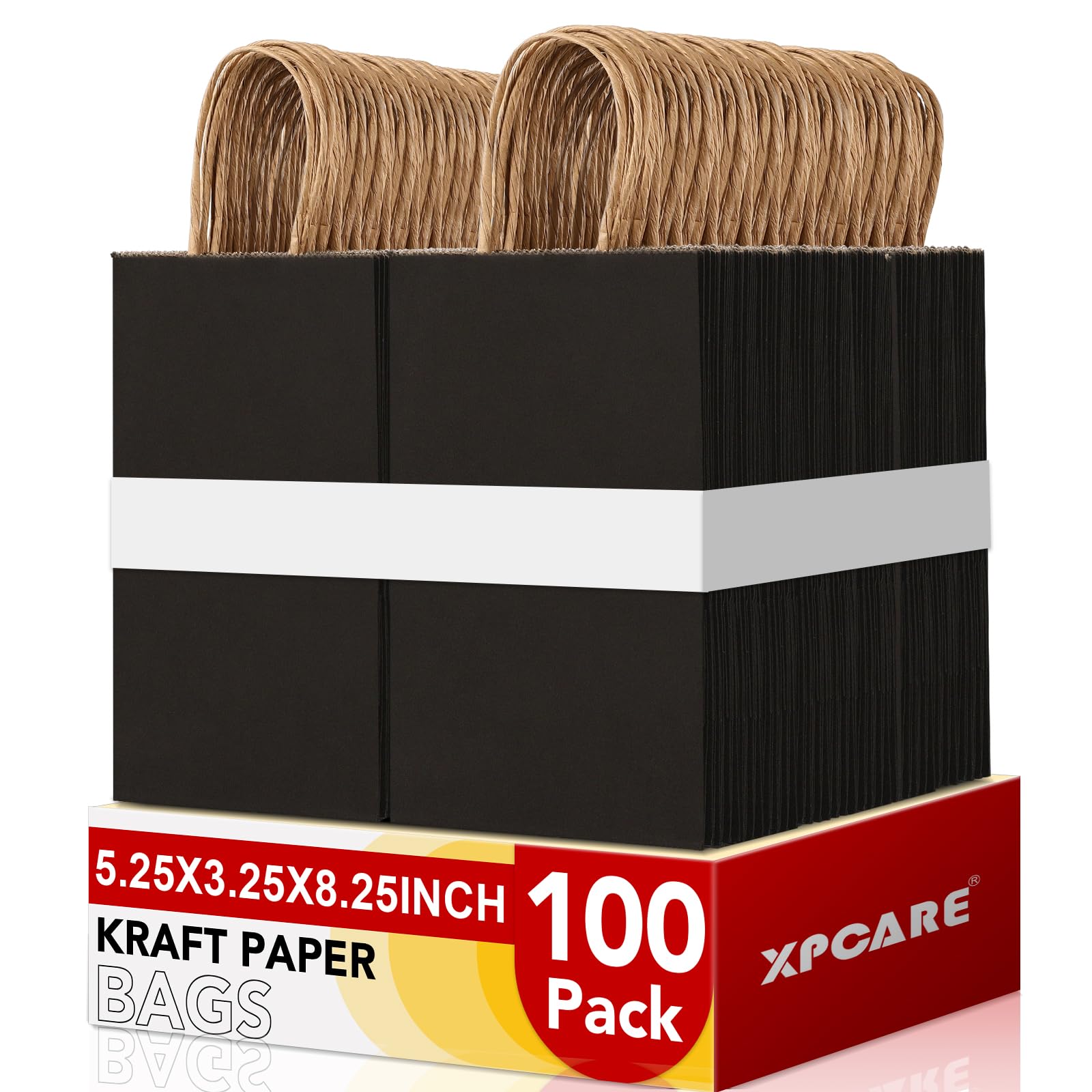 XPCARE 100 bolsas de papel de regalo de 5.25x3.25x8.25, bolsas de papel pequeñas con asas, bolsas de papel kraft a granel para regalos de fiesta de cumpleaños, compras al por menor, color negro