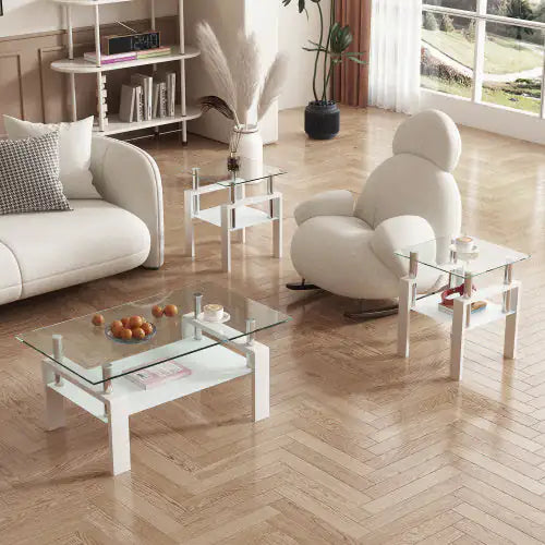 Cargar imagen en el visor de la galería, Juego de 2, mesa de té, café y auxiliar de vidrio templado moderno, mesa cuadrada para sala de estar, blanco transparente
