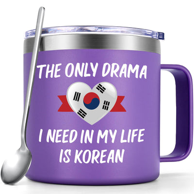 Qtencas Korean Drama Gifts for Women Kdrama Mug The Only Drama I Need In My Life Is Korean Coffee Mug 14oz Stainless Steel Mug with Handle Birthday Christmas Gifts for Wife Sister Friends Purple