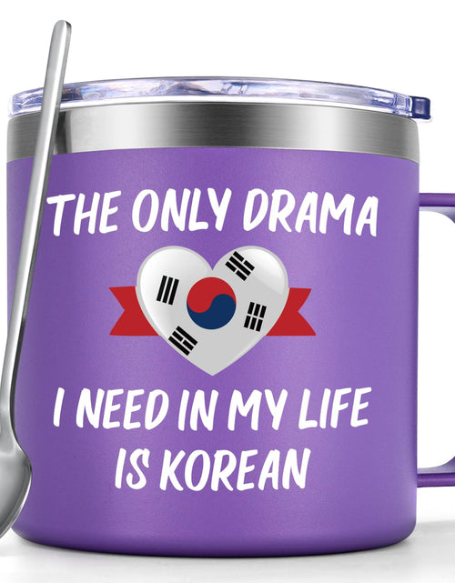 Load image into Gallery viewer, Qtencas Korean Drama Gifts for Women Kdrama Mug The Only Drama I Need In My Life Is Korean Coffee Mug 14oz Stainless Steel Mug with Handle Birthday Christmas Gifts for Wife Sister Friends Purple
