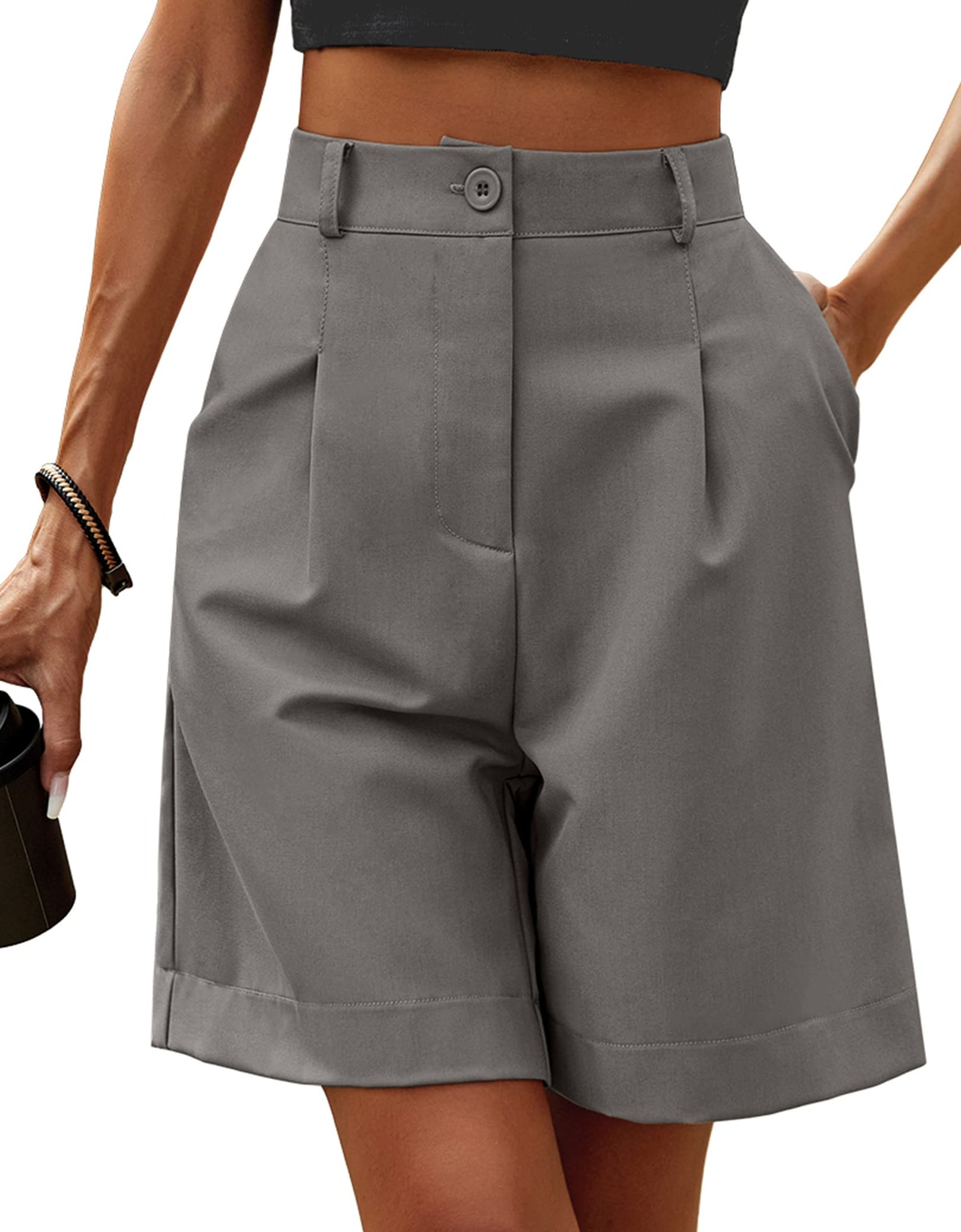 HOTOUCH Womens Shorts High Waisted Wide Leg Shorts Casual Pleated Bermuda Shorts Comfy Loose Cargo Shorts with Pockets Grey XL