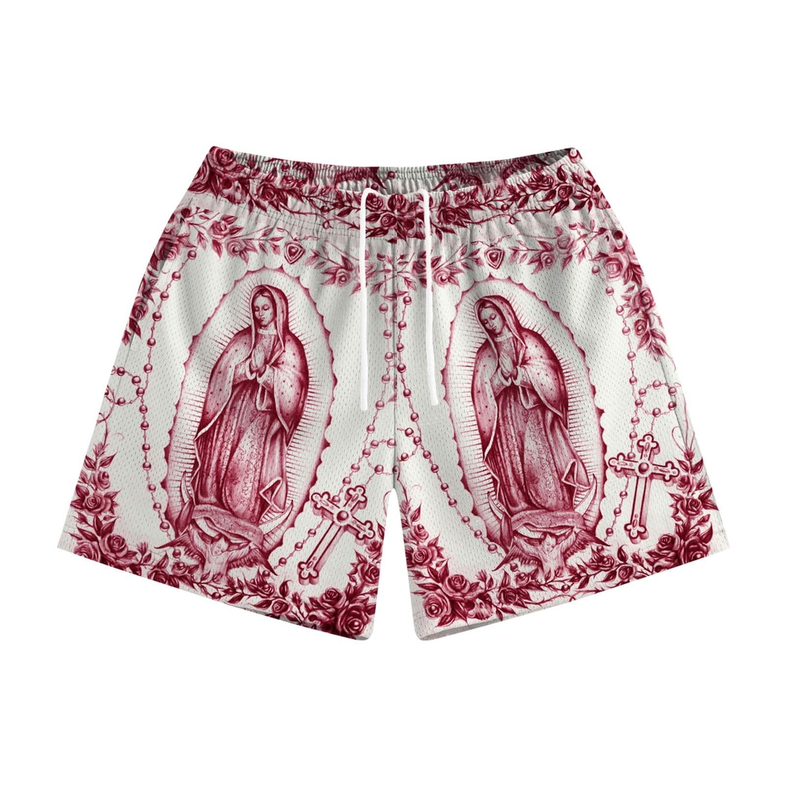 Mens Drawstring Shorts Graphic Print Casual Workout Athletic Basketball Summer Street Shorts(Red Medium)