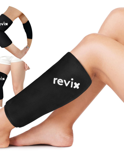 Cargar imagen en el visor de la galería, REVIX Shin Compression Sleeve for Calf Ice Wrap for Legs Reusable Ice Pack for Elbow Arm and Knee Discomfort Hot Cold Therapy for Post-Workout Recovery 360° Full Coverage
