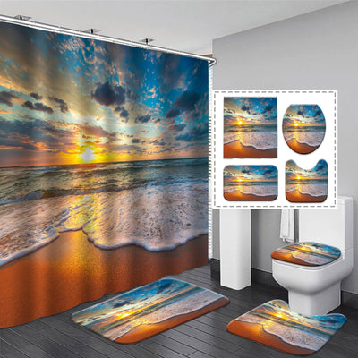 Sunset Beach Shower Curtain Set Coastal Hawaii Seascape Shower Curtain Bathroom Decor Ocean Wave Nature Landscape Rugs Nautical Tropical Seashore Waterproof Curtains Toilet Bath Bathroom Accessories