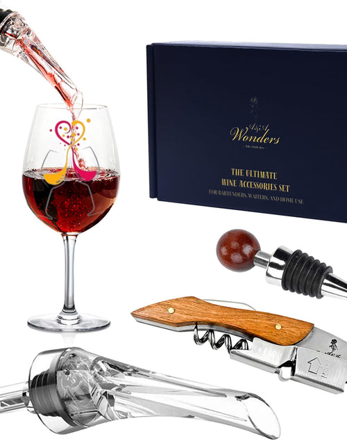 Load image into Gallery viewer, A&amp;A Wonders Wine Accessories Set Featuring 3 in-1 Multifunctional Waiters Corkscrew Bottle Opener Wine Aerator Pourer Spout &amp; Decanter Air-Tight Wine Stopper.
