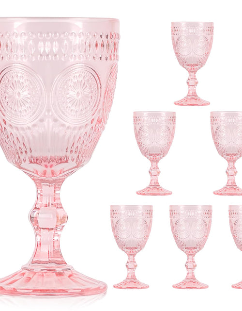 Charger l'image dans la visionneuse de galerie, Vintage Wine Glasses Set of 6 10 oz Glass Goblets Wine Glassware Romantic Wedding Glass Set Drinking Stemware Beverage Cups for Wedding Party Bar Embossed Design Pink
