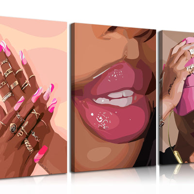 3Pcs African American Black Woman Canvas Wall Art pink Fashion Black Girl Wall Decor Pictures Posters Prints for Home Living Room Bedroom Bathroom Decoration Prepare to hang