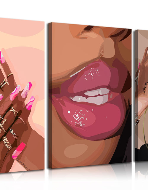 Load image into Gallery viewer, 3Pcs African American Black Woman Canvas Wall Art pink Fashion Black Girl Wall Decor Pictures Posters Prints for Home Living Room Bedroom Bathroom Decoration Prepare to hang
