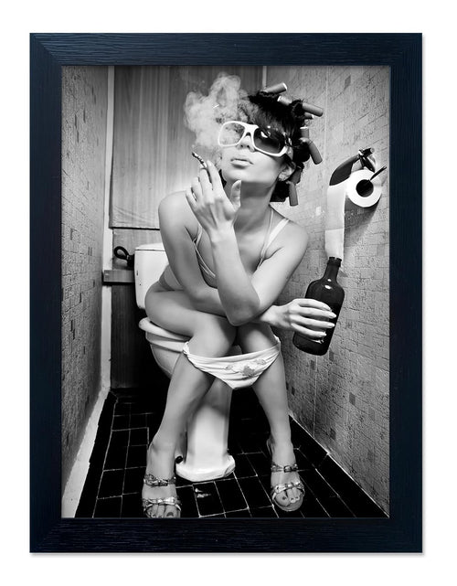 Load image into Gallery viewer, Black and White Bathroom Wall Art Funny Bathroom Wall Decor Woman Smoking on the Toilet Decor Girls Bathroom Decor Black Framed Bathroom Sign
