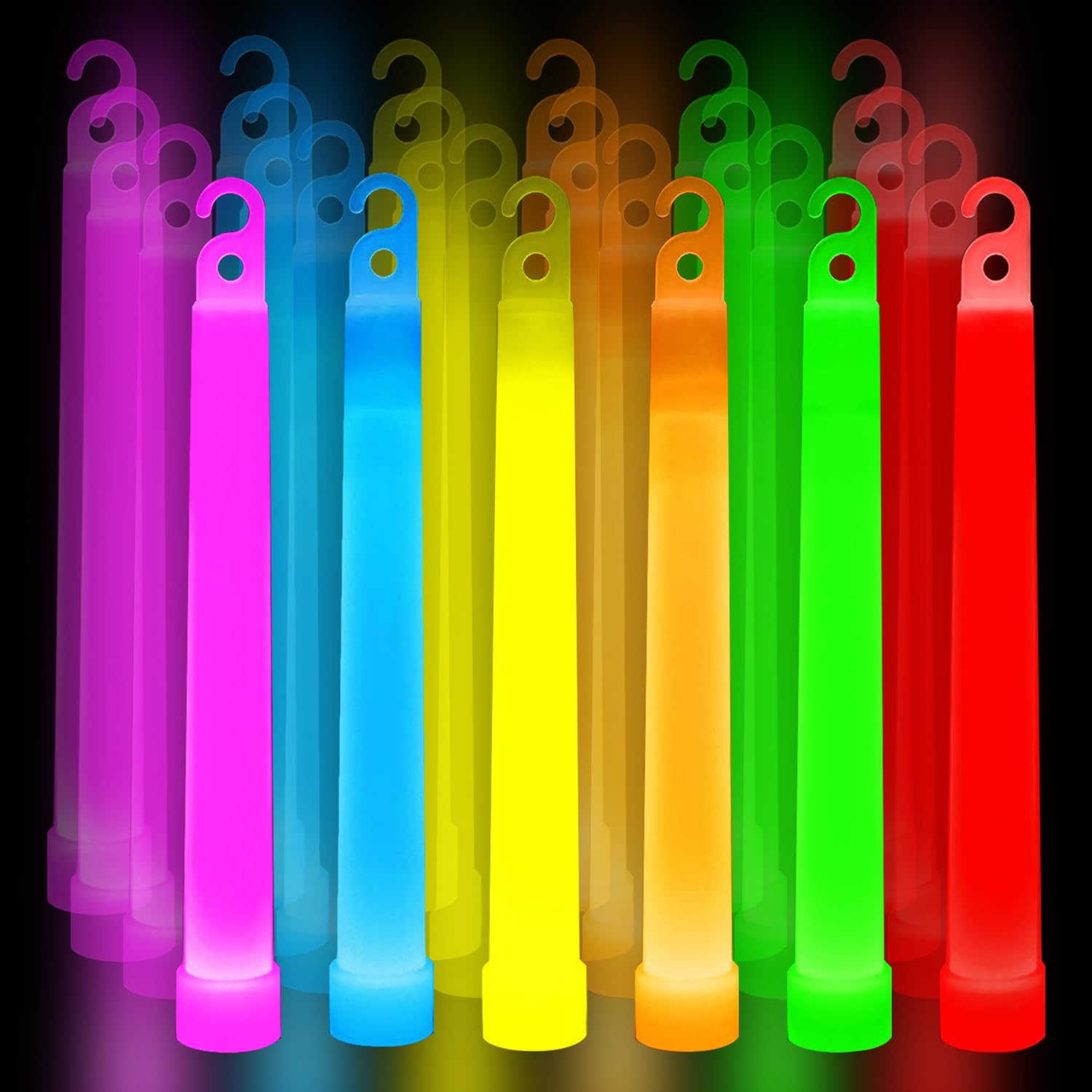 PCA 24 PCS Premium Neon Glow Sticks with PE String Ultra Bright Multicolor 6 Inch Emergency Light Sticks For Blackout Or Storm Ready UseWaterproof Non-toxic Duration Lighting