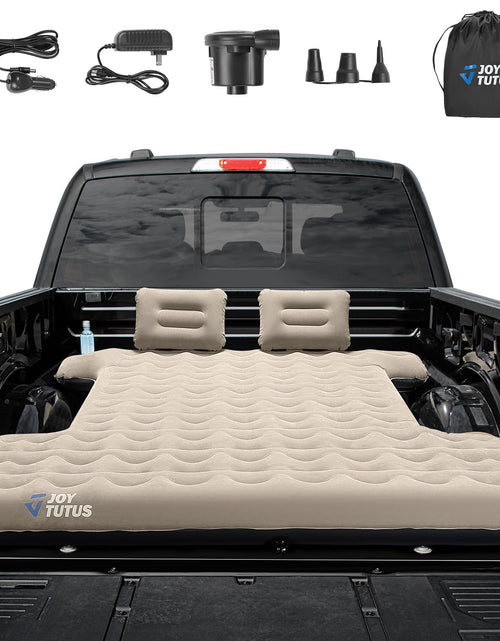 Cargar imagen en el visor de la galería, Colchón de aire JOYTUTUS para camiones de 5.5 a 5.8 pies de plataforma corta de tamaño completo, colchón de aire inflable para camping al aire libre, accesorios de tienda de camión con bomba, portavasos, 2 almohadas y bolsa de transporte (borde liso)
