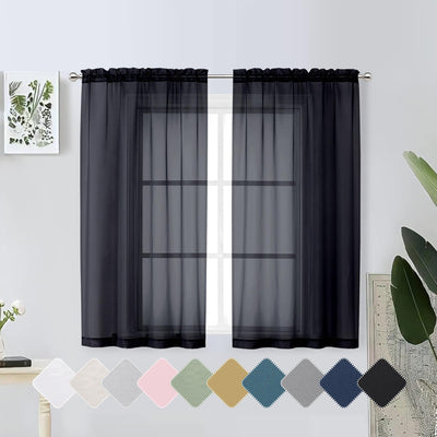 Lecloud Window Sheers 54 Inch Length Airy & Lightweight Solid Black See Through Curtains for Bedroom Living Room Soft Transparent Rod Pocket Short Bedroom Curtains 2 Panel Sets 42" Wx54 L Inches