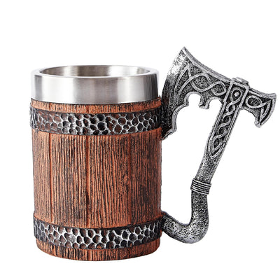 Viking Beer Stein Mug Imitation Wood & Iron Axe Handle18oz Tavern Style Mug for Hot or Cold Drinks Stainless Steel Beer Tankard for Men and Father’s Day Gift