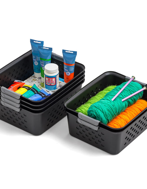 Cargar imagen en el visor de la galería, IRIS USA Plastic Storage Basket 6-Pack Medium Shelf Basket Storage Organizer for Pantry Cabinet Bedroom Closet Laundry Room Black
