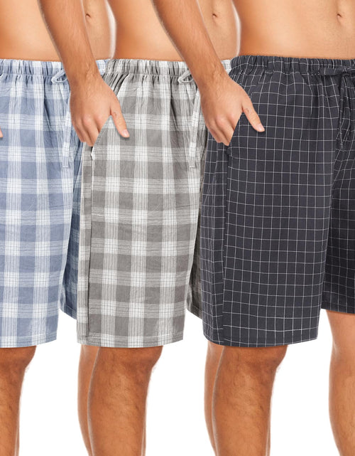 Cargar imagen en el visor de la galería, Bunnycool 3 Pack Men Cotton Pajama Shorts Woven Sleep Pajama Shorts Lounge Sleep Shorts with Drawstring Pockets(Dark GraygrayblueX-Large)
