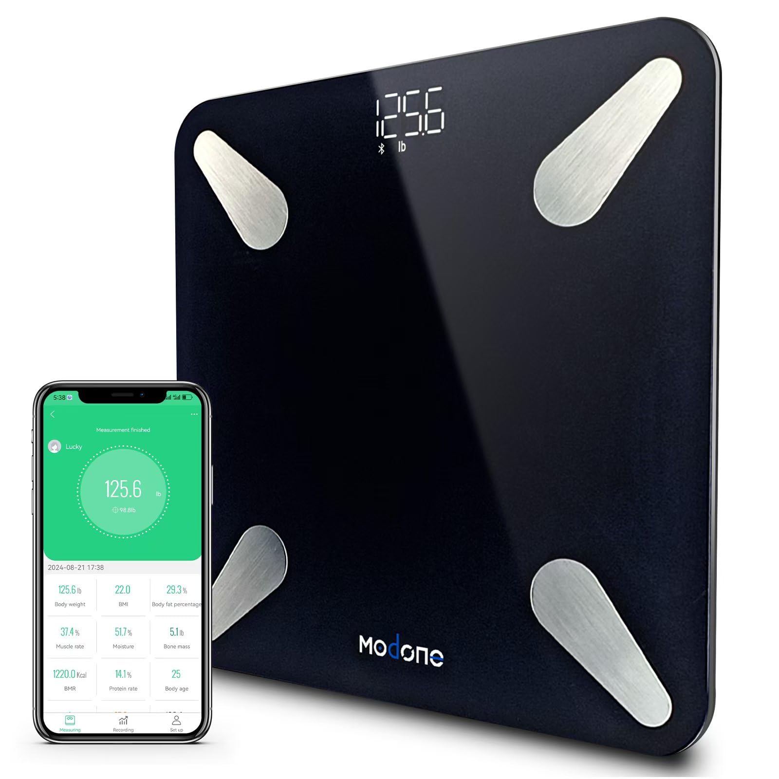 Báscula de Grasa Corporal Profesional Modone Báscula de Baño Inteligente Digital Más Precisa para Peso Corporal Pantalla LED 18 Métricas de Composición Corporal IMC Aplicación Gratuita Analizador de Composición de Báscula de Peso 180 kg