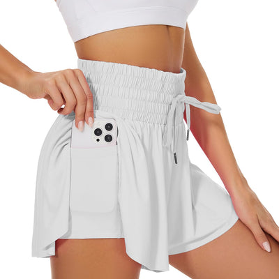 Heyielda High Waist Flowy Athletic Shorts for Women Butterfly Shorts High Rise Workout Gym Shorts（White-S）