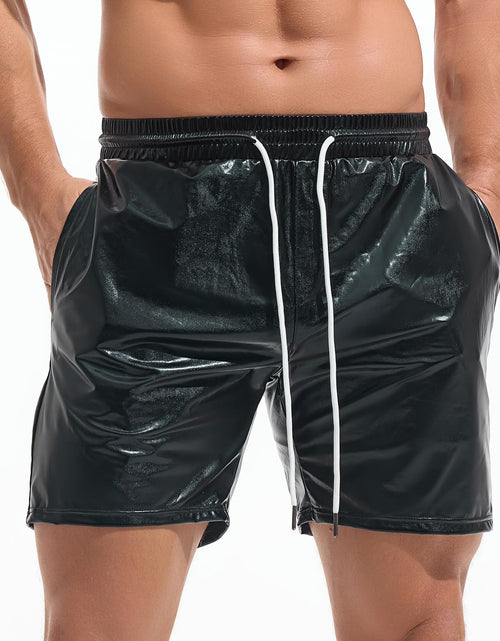 Load image into Gallery viewer, AMY COULEE Mens Metallic Shorts 5" Shiny Holographic Disco Shorts Outfit Sparkly Rave Hot Drawstring Shorts (S Black)
