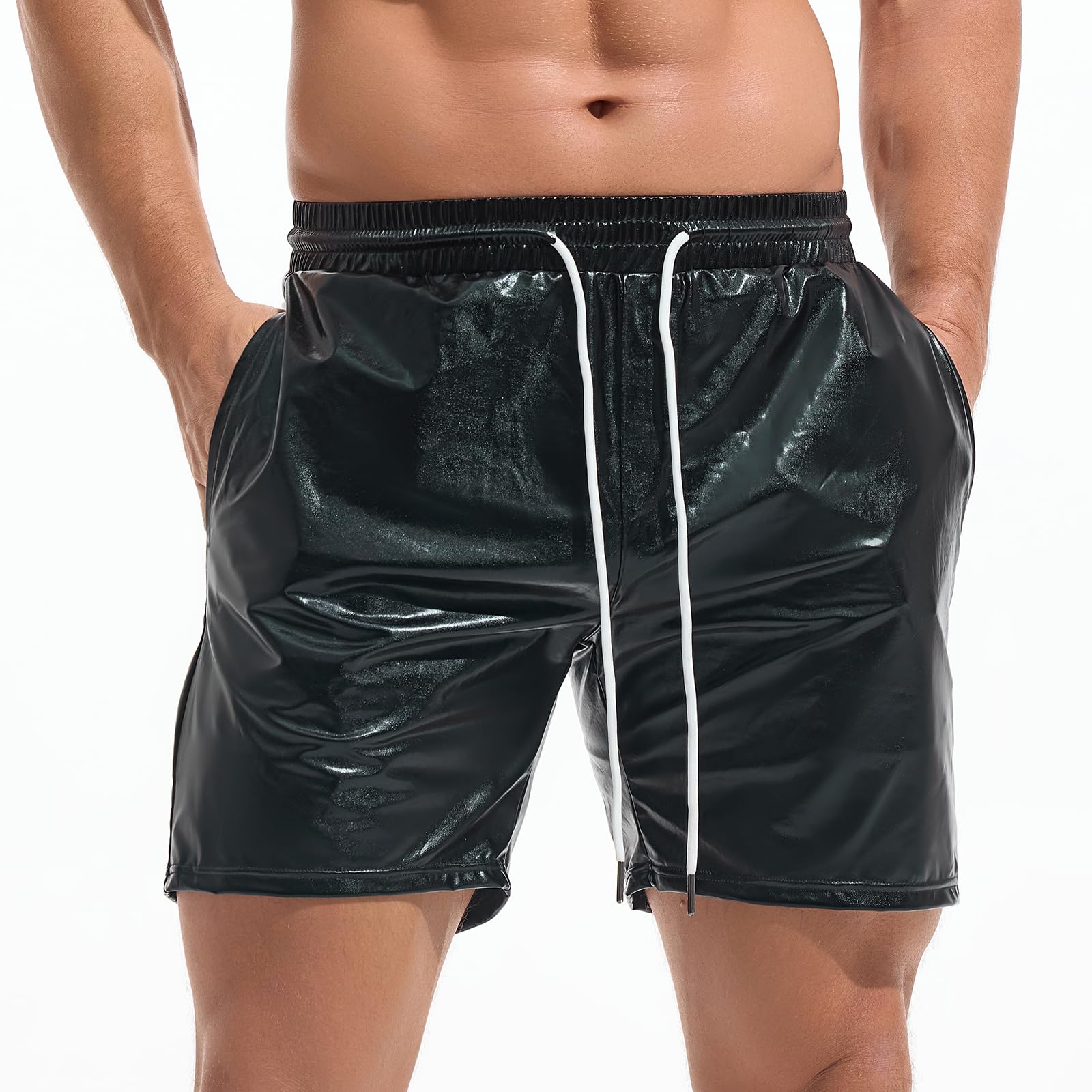 AMY COULEE Mens Metallic Shorts 5" Shiny Holographic Disco Shorts Outfit Sparkly Rave Hot Drawstring Shorts (S Black)