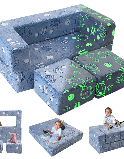 Cargar imagen en el visor de la galería, MeMoreCool Glow-in-The-Dark Space Kids Modular Play Couch – Blue Fold-Out Toddler Sofa for Bedroom and Playroom
