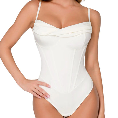 Bodysuit corsé Popilush para mujer, control de abdomen, cuello drapeado, tanga, faja, tops de fiesta, blanco