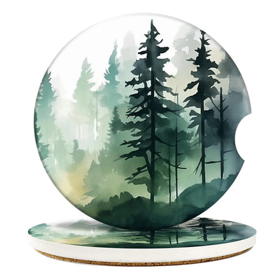 Britimes 2 Pack Car Coaster Absorbent Ceramic Stone Cork Base Drink Coasters 2.6 Inch Painting Tree Mountain Auto Accessories Cup Holders for Women & Men Car Decor