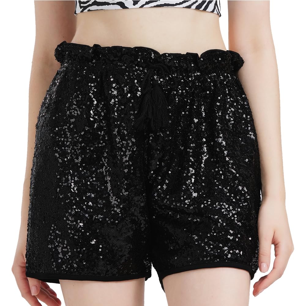 TRCKPOL Black Sequin Shorts for Women Sparkly Glitter High Waisted Sequins Party Shorts