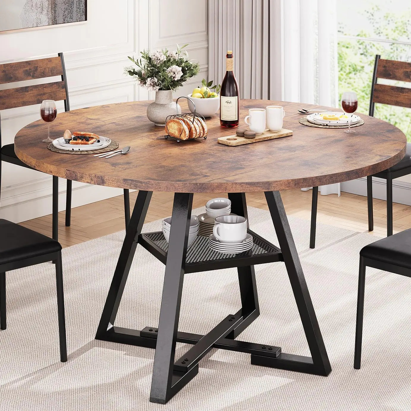 Round Dining Table for 4 Kitchen Table Dining Table Circle Table Round Pedestal Dining Table Dining Room Table Dinner TableSpace Saving Wood Kitchen & Dining Room Tables 47In Rustic Brown