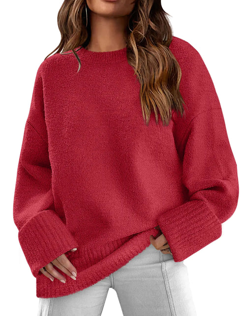 Cargar imagen en el visor de la galería, Suéteres Rojos para Mujer Otoño 2023 Manga Larga Suéter Pulóver de Punto Peludo Oversize M
