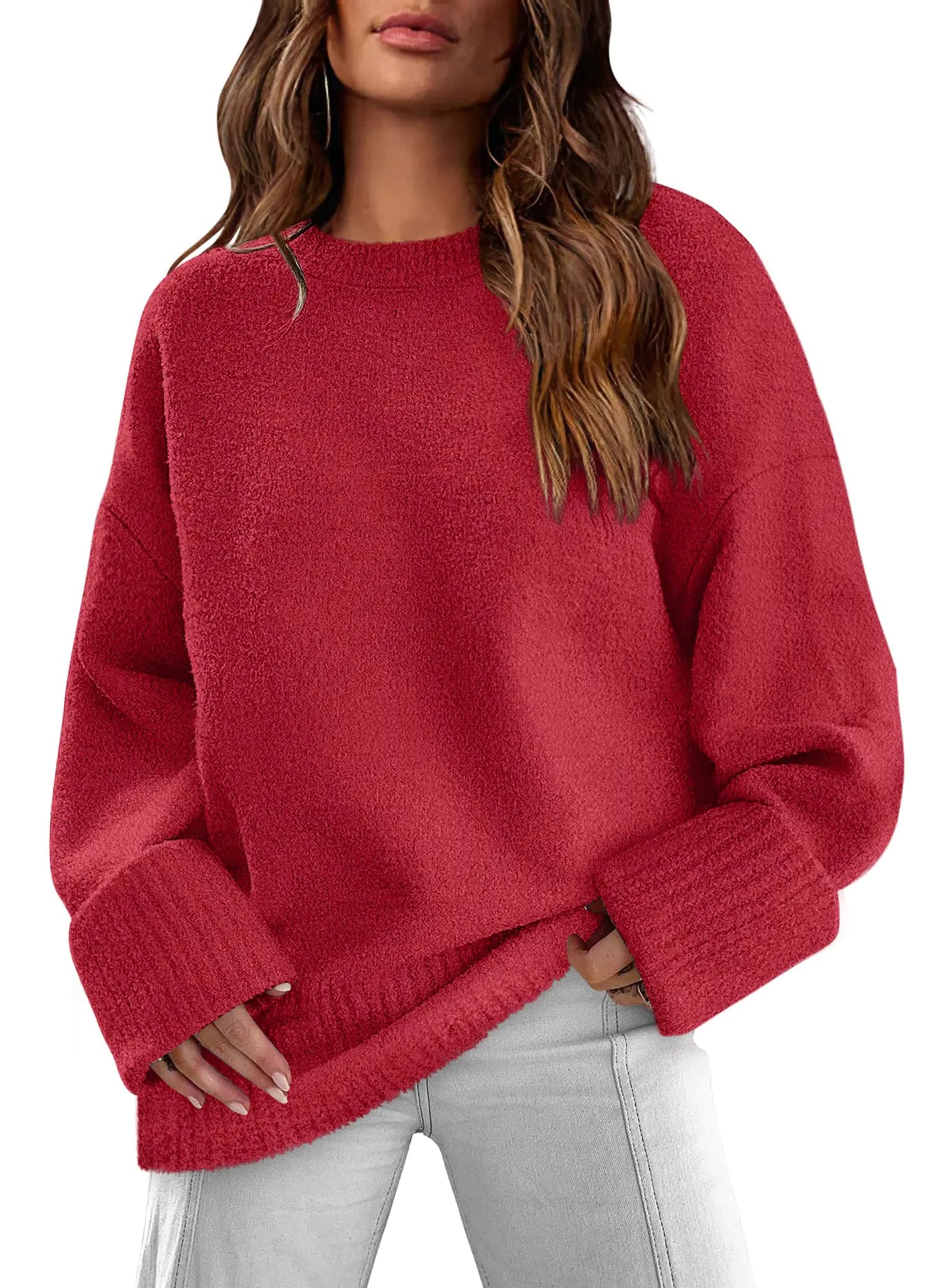 Suéteres Rojos para Mujer Otoño 2023 Manga Larga Suéter Pulóver de Punto Peludo Oversize M