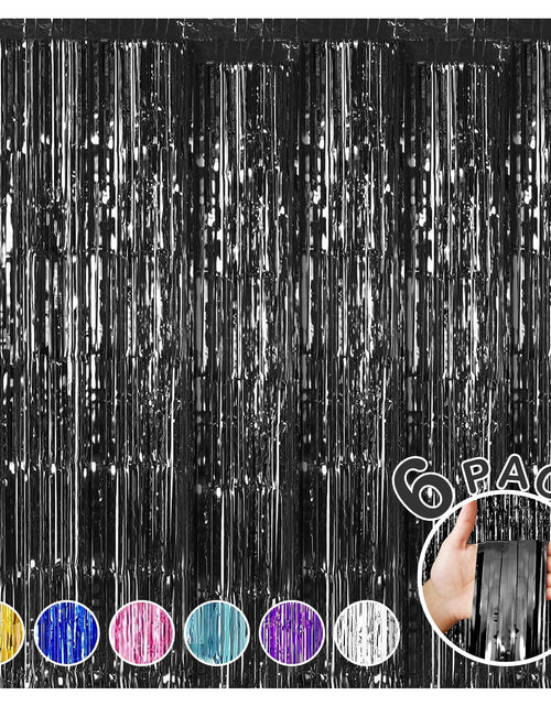 Load image into Gallery viewer, 6 Pack Foil Fringe Backdrop Curtains 3.28 x 8.2 ft Black Tinsel Streamers Metallic Tinsel Foil Fringe Curtains Photo Booth Backdrop for Birthday Wedding Graduation Halloween Party Decorations
