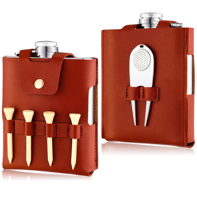 Golf Flask Gift Set 7 oz Stainless Steel Golf Flask with Leather Case Golf Accessories for Men and Women Includes Drinking Flasks Divot Tool Ball Marker and 4 Golfer Tees (Brown)