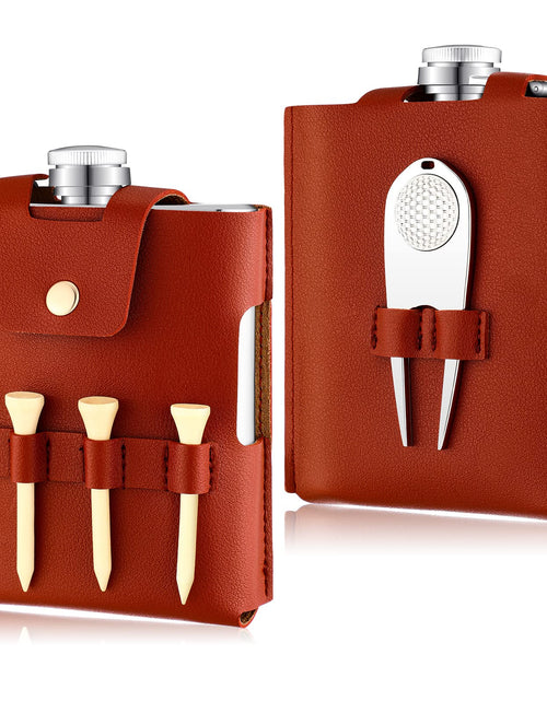 Cargar imagen en el visor de la galería, Golf Flask Gift Set 7 oz Stainless Steel Golf Flask with Leather Case Golf Accessories for Men and Women Includes Drinking Flasks Divot Tool Ball Marker and 4 Golfer Tees (Brown)
